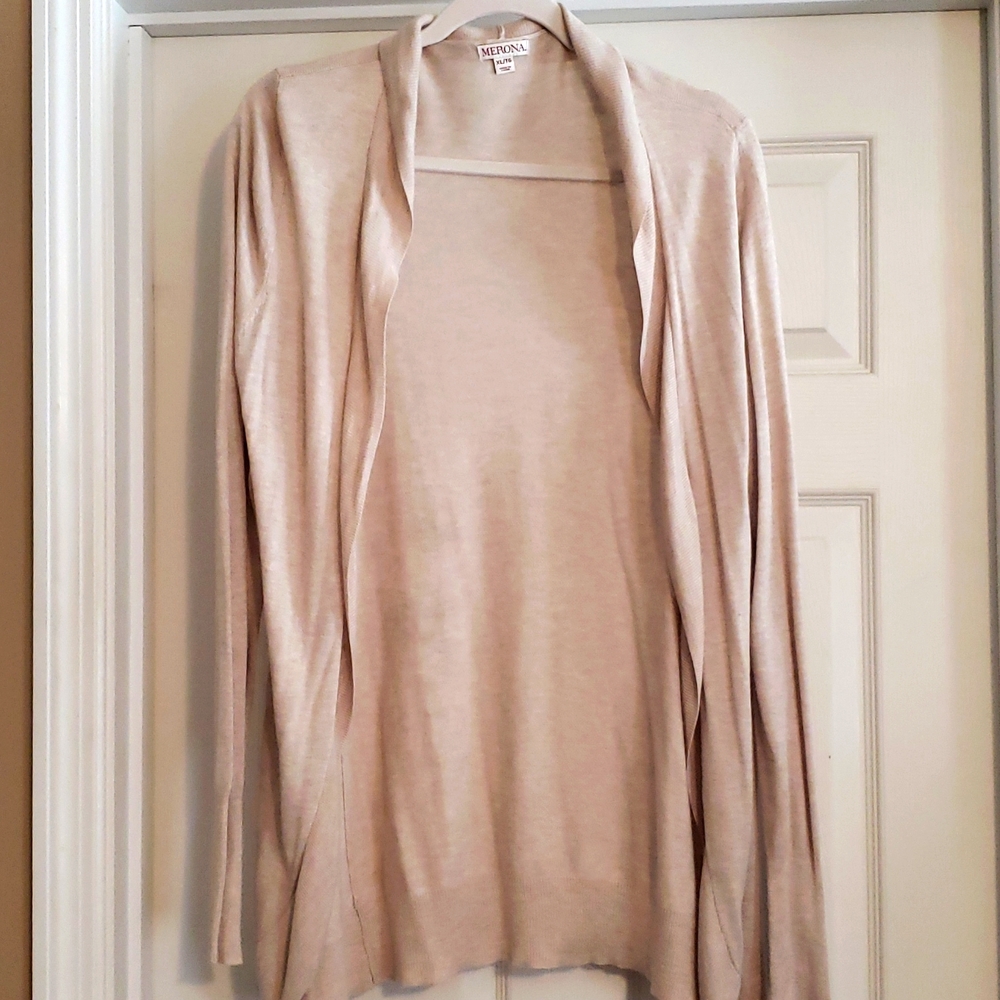 Beige open front cardigan.